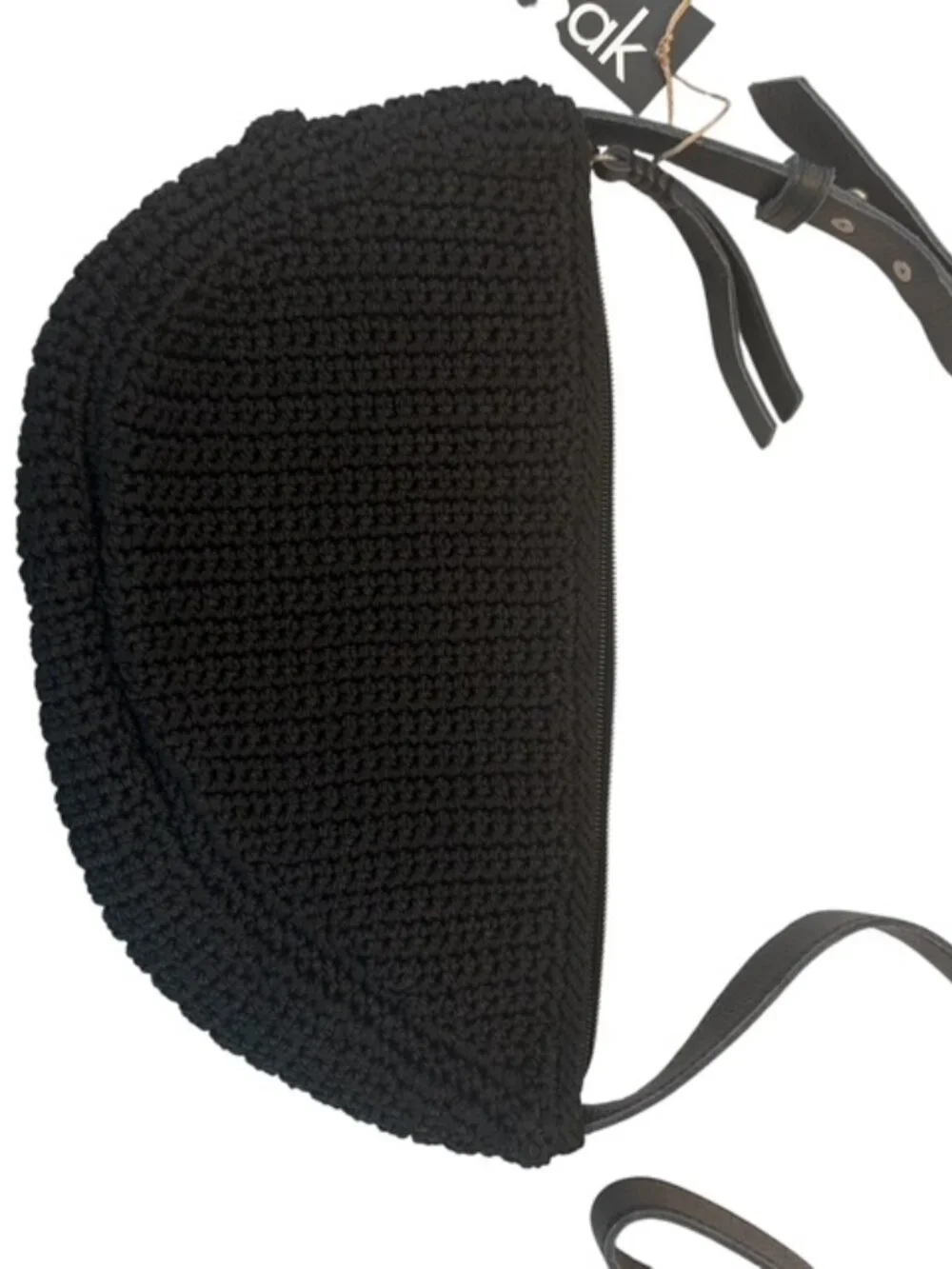 The Sak Women's Tess Sling Bag crocheted bag in black with black leather strap - Picture 6 of 7